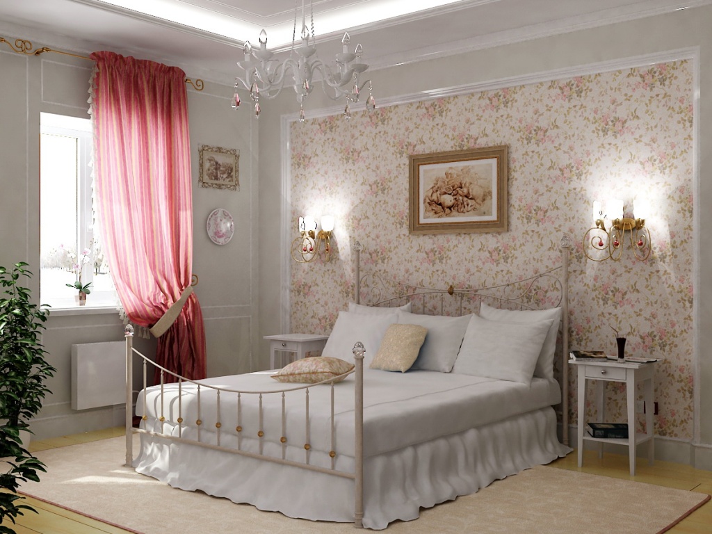 Белая спальня с акцентной цветочной стеной и яркими шторами