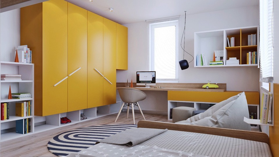 Желтый шкаф оригинальной конструкции в комнате подростка