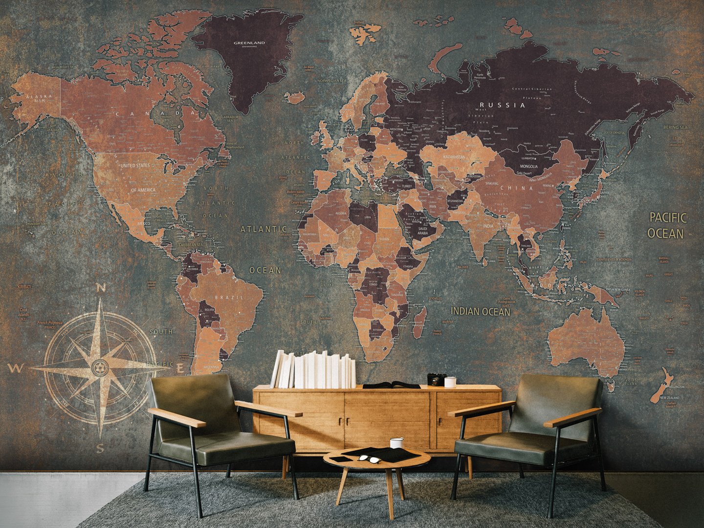 Фотообои карта мира на стену в интерьере