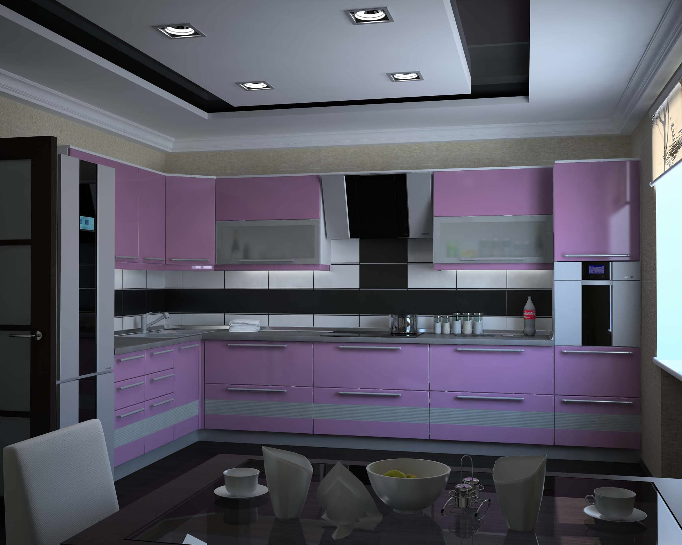 Розовая кухня с серым фото: Розовая кухня с белым, серым и бежевым