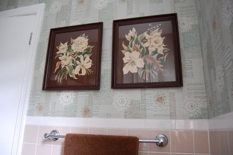 My bathroom. Design elements: Color, pattern, size, scale, texture. Patterns, for example: square (tile), atomic (wallpaper), floral (prints). Colors: rose beige, aqua, turquoise, brown, white.