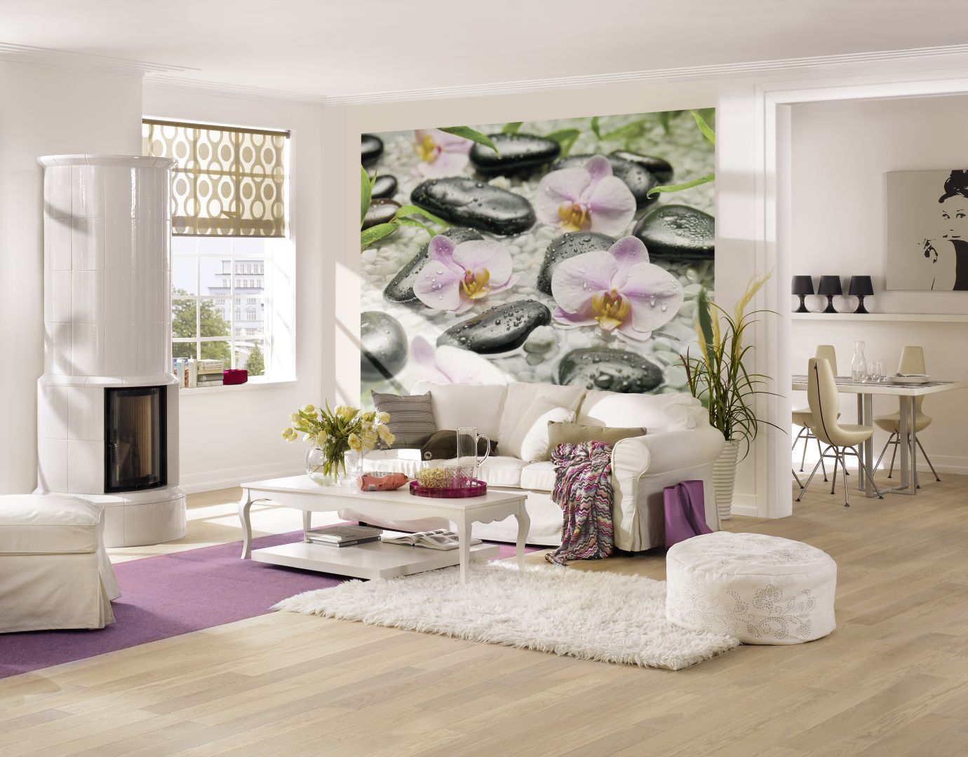 Фотообои с орхидеями в гостиной