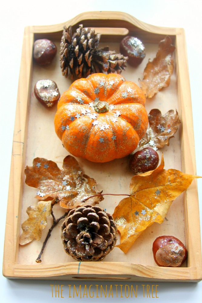 Invitation to decorate Fall treasures with glitter and sequins!