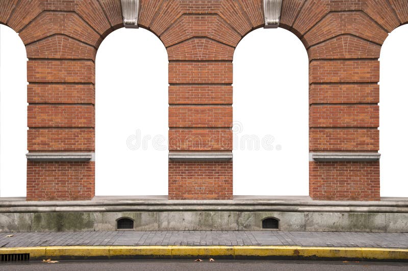 Ancient orange brick wall and interior vintage arch windows frame white white blank background in window display shop outside and. Foot path stock illustration