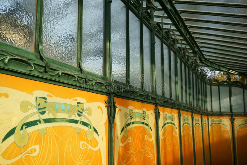 Art Nouveau Paris Metropolitain Subway Entrance. Detail of the entrance of Porte Dauphine metro station. Art Nouveau style. Avenue Foch, 16th arrondissement of stock photography