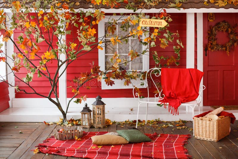Autumn picnic on the veranda of a country house stock photos