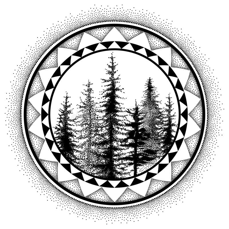 Vector dotted spruce tree or coniferous forest in black in round decorative frame isolated on white background. Dotted group of fir trees silhouettes in vector illustration