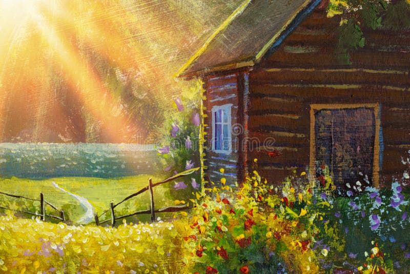 Beautiful summer flowers in front of a wooden village house illuminated by sunbeams acrylic painting, road to river illustration. Warm summer Russian royalty free stock photography