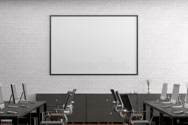 Blank horizontal poster mock up on the white brick wall in office interior. 3d render royalty free illustration