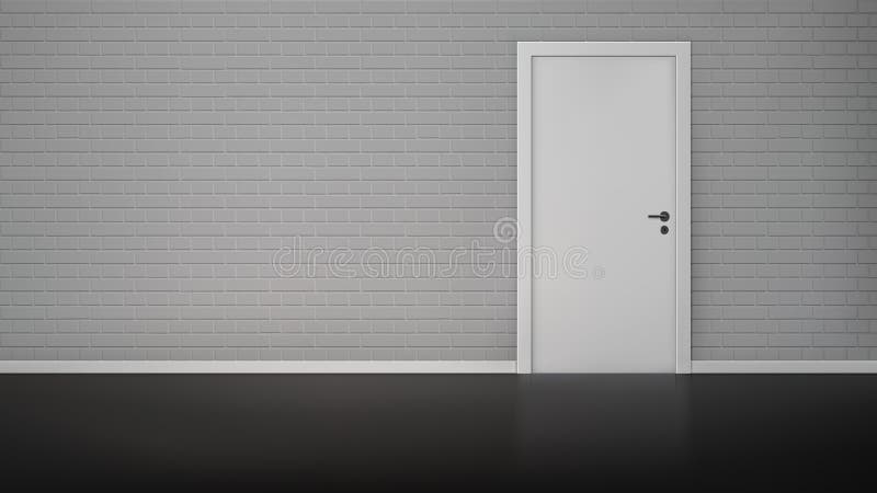 Brick wall with door. Empty room interior with brick wall and closed white door realistic vector illustration stock illustration