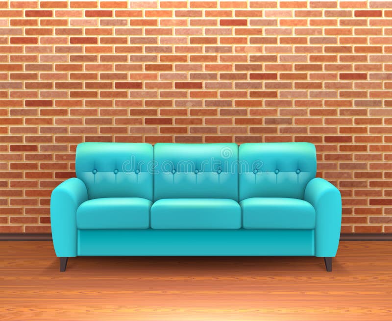 Brick Wall Interior With Sofa Realistic. Modern interior brick wall home decoration and design ideas with vibrant turquoise leather sofa realistic vector vector illustration