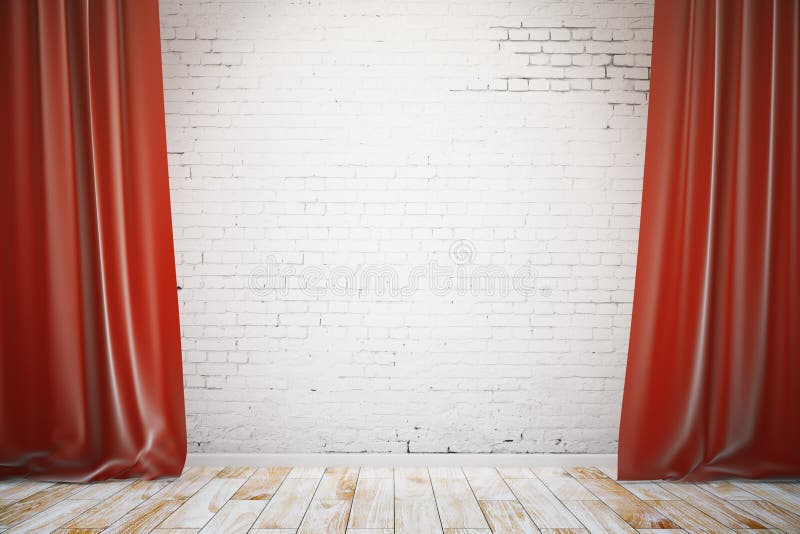Brick wall with red curtains. Interior with blank white brick wall, wooden floor and red curtains. Mock up, 3D Rendering royalty free illustration