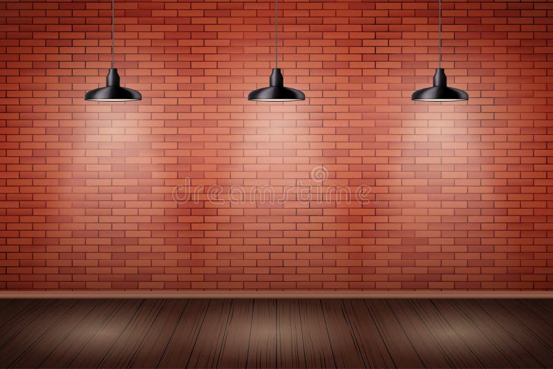 Brick wall room with vintage lamps. Interior of red brick wall with vintage pedant lamps and wooden floor. Vintage Rural room and fashion interior. Grunge stock illustration