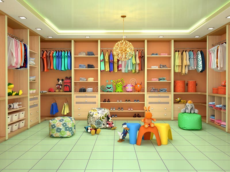 Bright children`s dressing room with toys. 3d illustration stock illustration