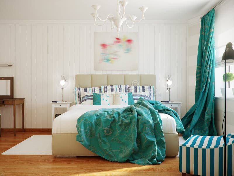 Bright and cozy modern bedroom interior design with white walls, turquoise curtains and blanket. 3d render royalty free stock photos