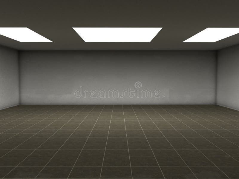 Brown tiles room. An emty room with white ceiling lights and brown ceramic tiles. You can place your objects here. Computer render vector illustration