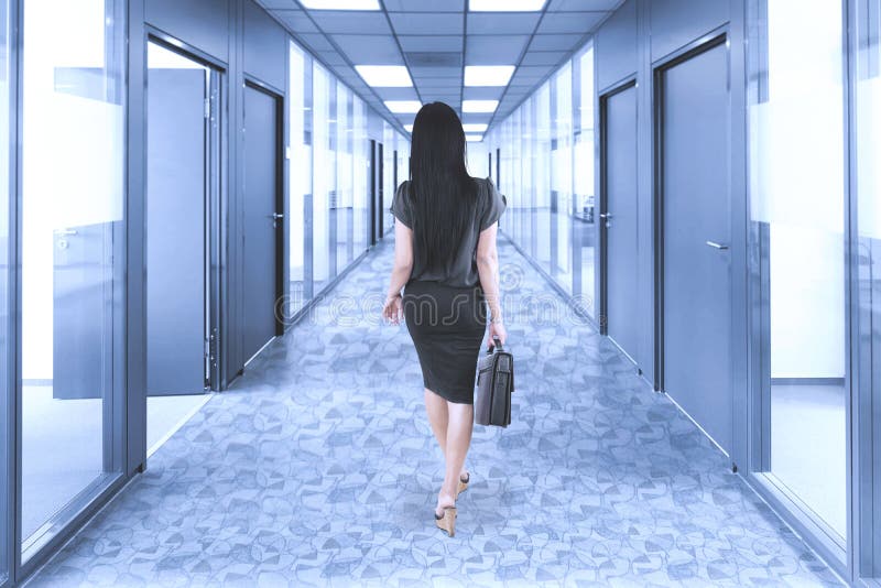Businesswoman walking in the office corridor. Back view of young businesswoman carrying a briefcase while walking in the office corridor stock image