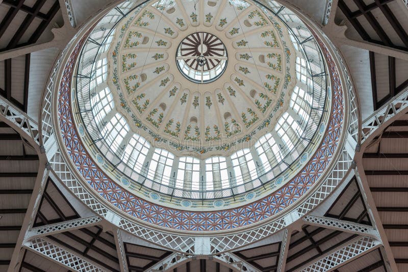 Ceiling Dome of the central market hall in Valencia , Spain . stock photos
