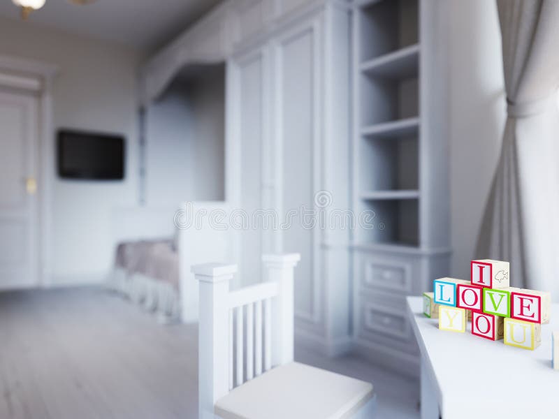 Children`s room in a luxurious white color, with a bed, a wardro. Be and a children`s game table. 3d rendering stock illustration