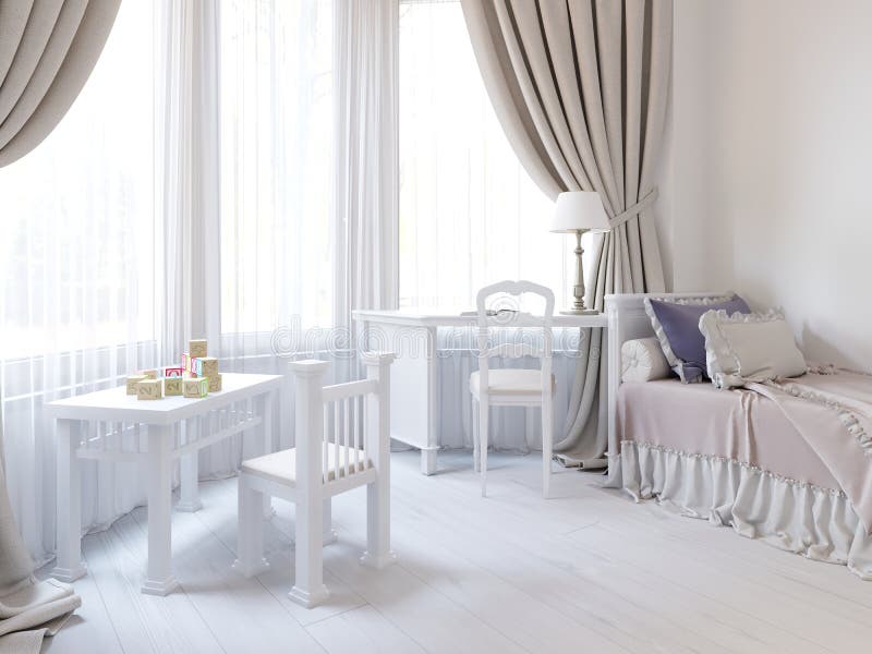 Children`s room in a luxurious white color, with a bed, a wardrobe and a children`s game table. 3d rendering stock illustration