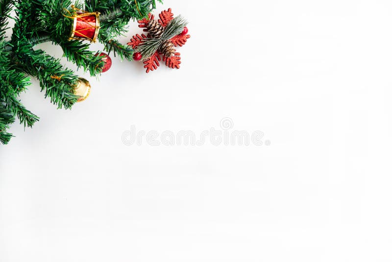Christmas composition. Coniferous tree branches , mock up gift , pine cones on white background. Christmas, winter, new year. Concept. Flat lay, top view, copy stock photos