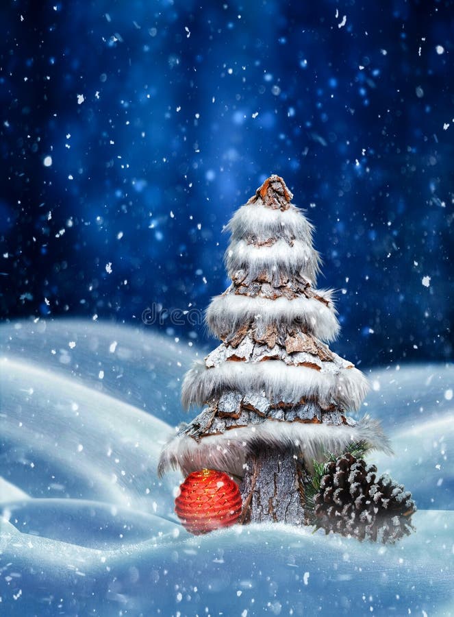 Christmas tree. Constructed with pine bark at winter night stock photos