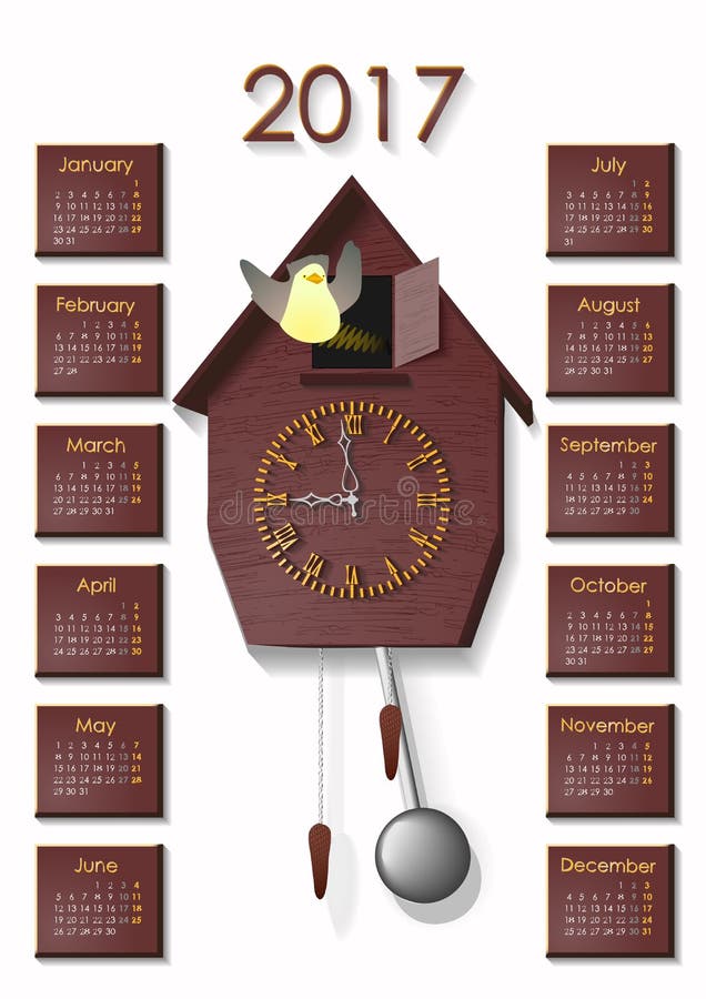 Clock with calendar 2017 brown tiles. Calendar 2017 brown tiles, cuckoo clock in the middle show fifteen minutes to midnight stock illustration
