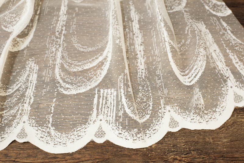 Close up of Beautiful White Tulle. Sheer Curtains Fabric Sample. Texture, Background, Pattern. Wedding Concept. Interior Design. V. Intage Lace Tulle Chiffon stock photo