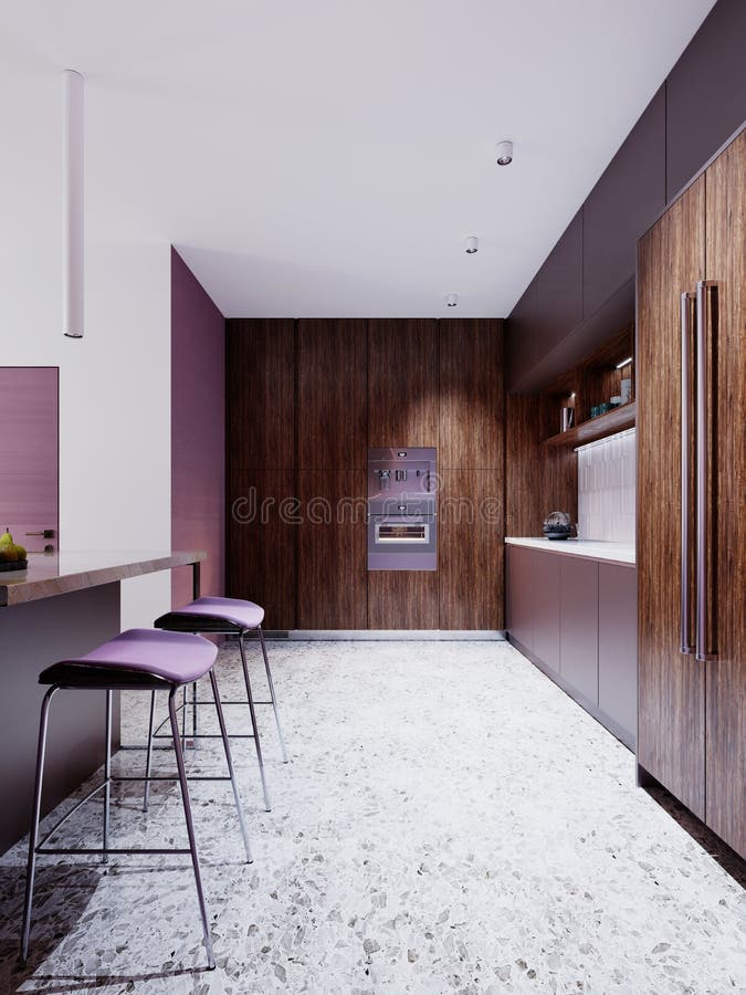 Contemporary kitchen with purple walls and brown and gray furniture, kitchen apron made of curly tiles. 3D rendering vector illustration