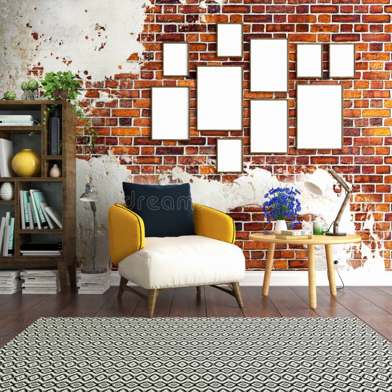 Cozy interior poster mock up with old brick wall. And empty frames stock illustration
