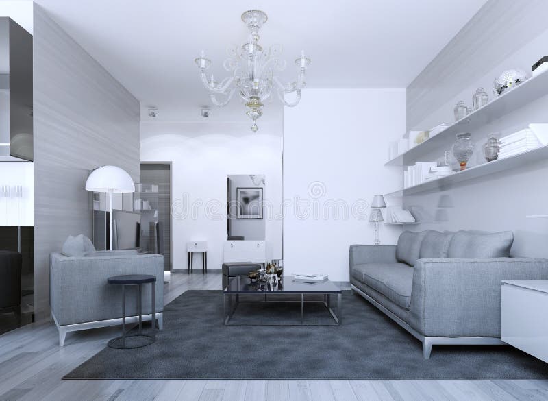 Cozy modern gothic lounge. Mixed white and zebrano facade walls. 3D render royalty free illustration