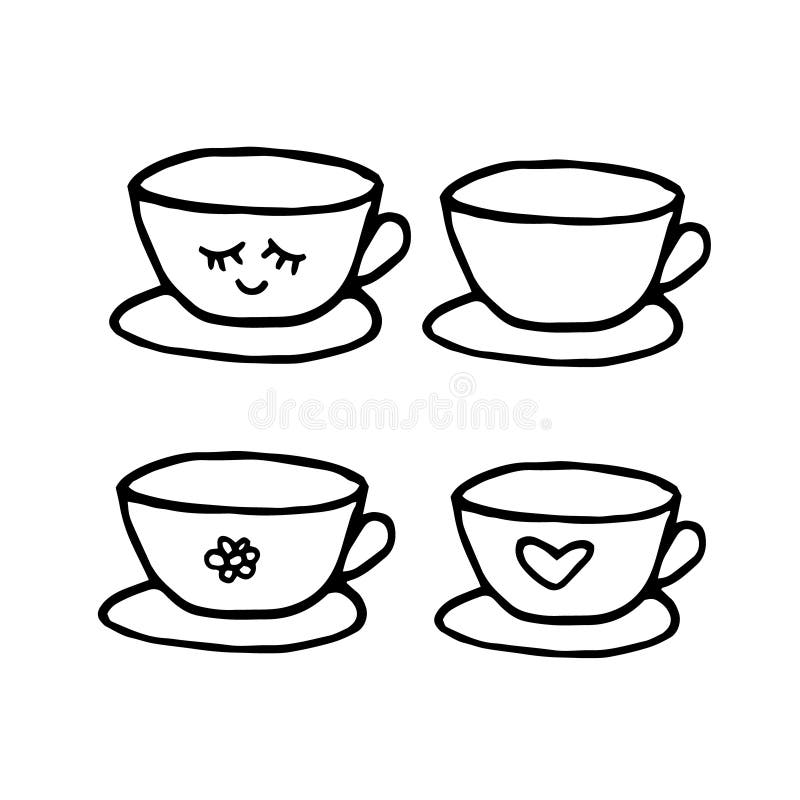 Cup and saucer hand drawn set of elements in doodle style. vector scandinavian monochrome minimalism. tea, coffee, kitchen, vector illustration