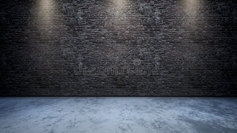 3D room interior with brick wall with spotlights shining down. 3D render of a room interior with brick wall with spotlights shining down royalty free illustration