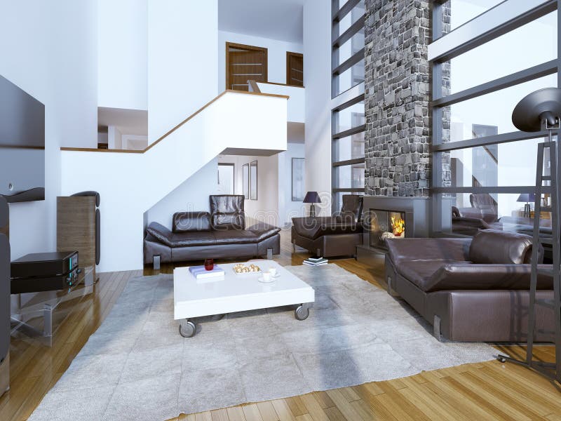 Design of cozy modern living room. High ceiling room interior. 3D render stock image