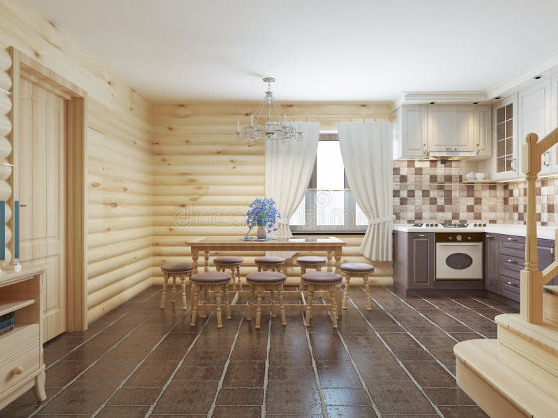 Dining room in a log interior with brown tiles on the floor and. Light wood walls. 3D render royalty free illustration