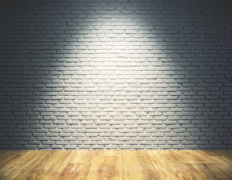 Empty brick wall with spotlight. Front view of interior with wooden floor and empty white brick wall with spot lighting. Mock up stock illustration