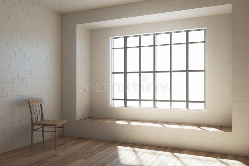 Empty interior with window. Empty interior with chair, window, daylight, brick wall and wooden floor. Design concept. 3D Rendering stock illustration