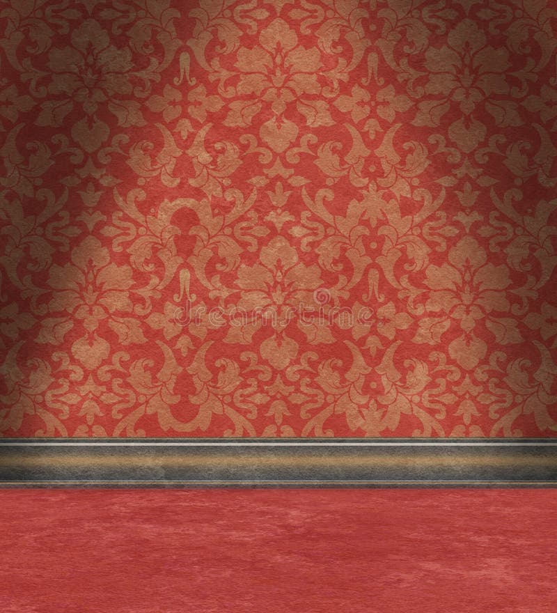 Empty Room With Faded Red Damask Wallpaper stock photo