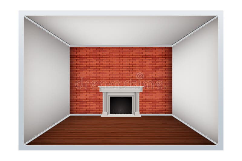 Empty room with brick wall and fireplace. Example of an empty room with brick wall and fireplace. Simple interior without furnish and furniture. Imitation of stock illustration
