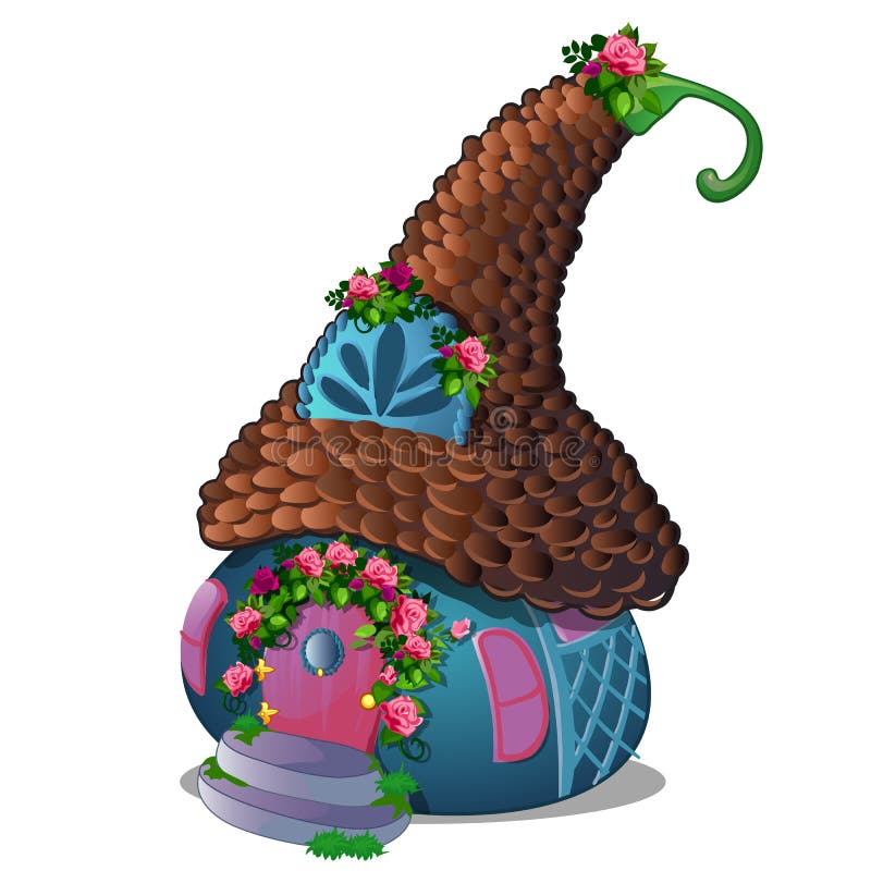Fairy house with a roof of brown tiles and ornament in the form of buds of roses isolated on a white background. Vector. Cartoon close-up illustration stock illustration