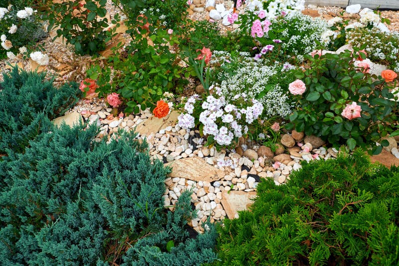 Garden Design. Flowerbed in the yard in landscape design royalty free stock photos