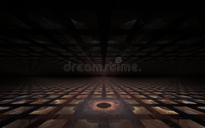 Hall with brown tiles. Abstract image of square brown tiles on a plane in projection with a flower in the middle and a dark ceiling stock illustration