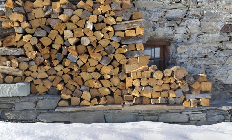 Heaps of firewood stacked against a cottage facade royalty free stock photography