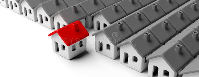House models gray color background, one house with red roof ahead, banner. 3d illustration stock illustration