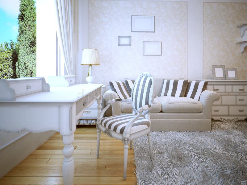 Idea of provence lounge. A cozy room with a beautiful white walls with wallpaper molding inserts. Sofa with pillows and a gray carpet on the parquet floor of vector illustration