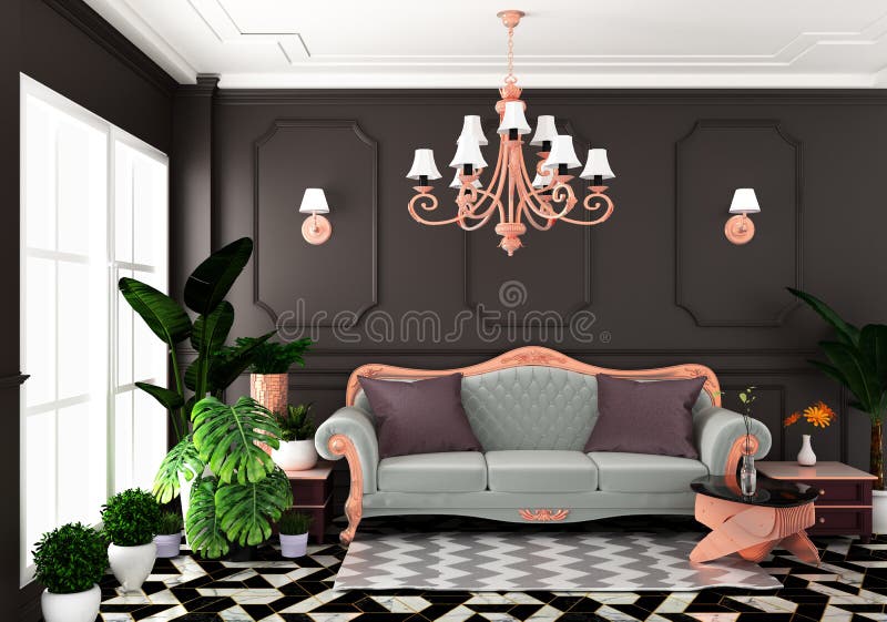 Mock up Interior living luxury classic style, decoration brown wall on granite tiles, 3D rendering. Interior living luxury classic style, decoration brown wall royalty free illustration
