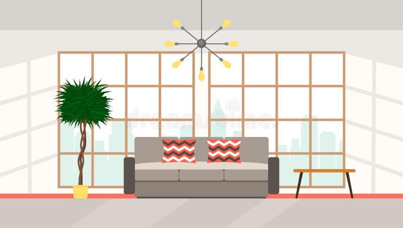 The interior of the living room with large panoramic windows with city views, upholstered furniture in modern high-tech style. Flat vector illustration stock illustration