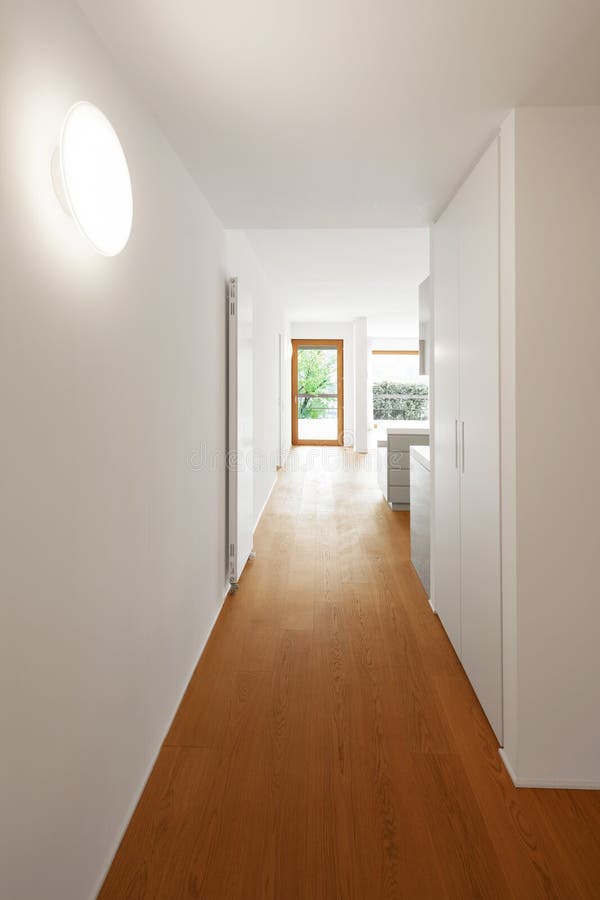 Interior of modern apartment, corridor. Interior of modern apartment with wooden floor. Corrior with open doors and closet royalty free stock photo