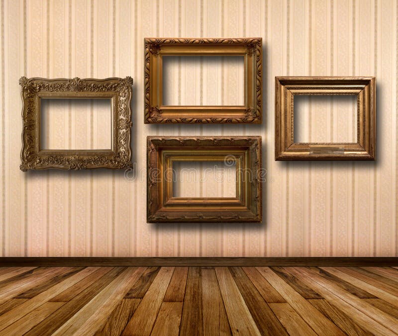 Interior of room with striped wallpaper and gold wooden frames royalty free illustration