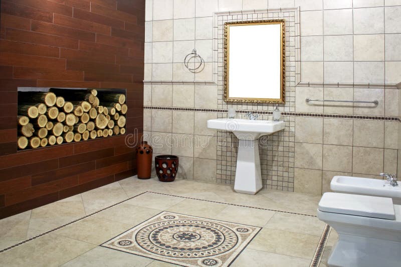 Italian bathroom. Italian style bathroom with ancient mosaic and logwood royalty free stock image